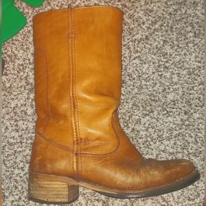 Vintage 70s Brown Leather Campus Boots Mid-Calf Stacked Heel Men's Sz 8 Women 10